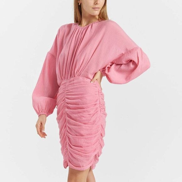 Rodebjer Adilah Ruched Long Balloon Sleeve Mini Dress in Moroccan Rose Pink - Picture 1 of 15